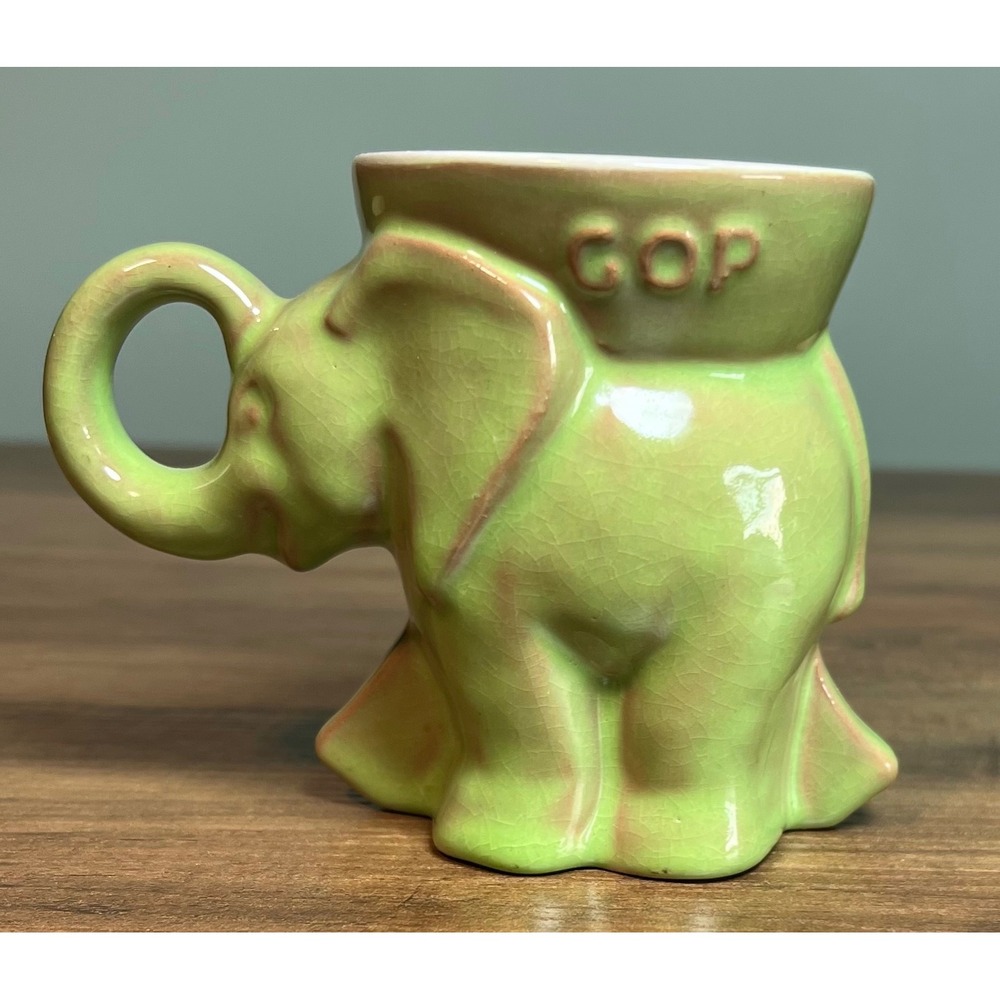 Vintage Frankoma 1981 Reagan Bush GOP Elephant Mug Prairie Green D215-869